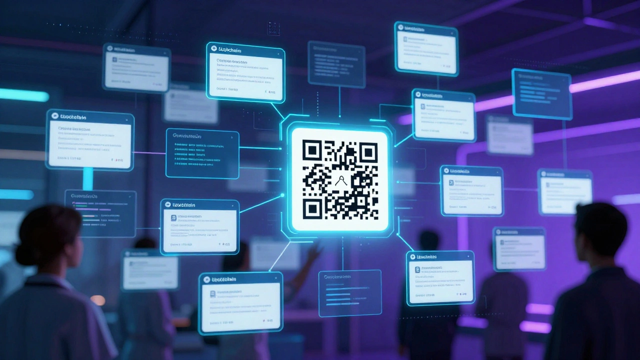 Floating blockchain-verified digital badges with project evidence, glowing QR code at center.