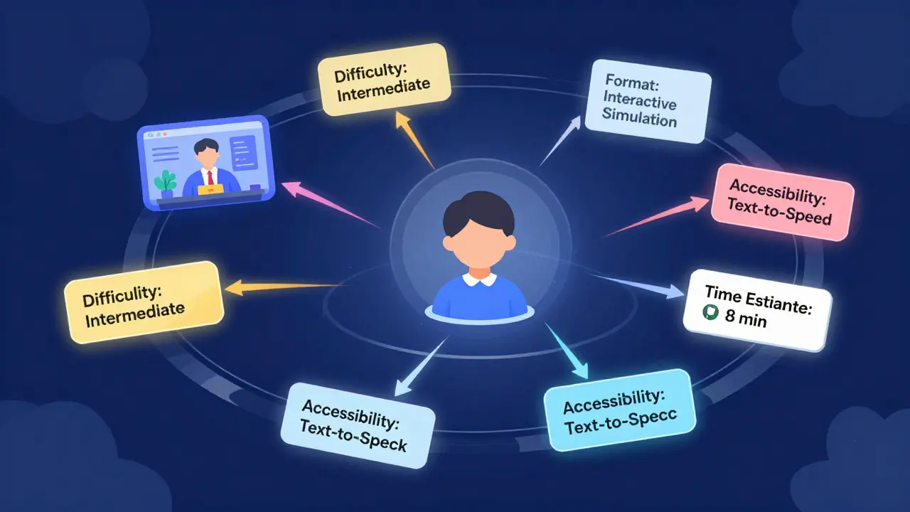Floating metadata tags like difficulty level and format connect to learning resources around a student avatar in a digital interface.