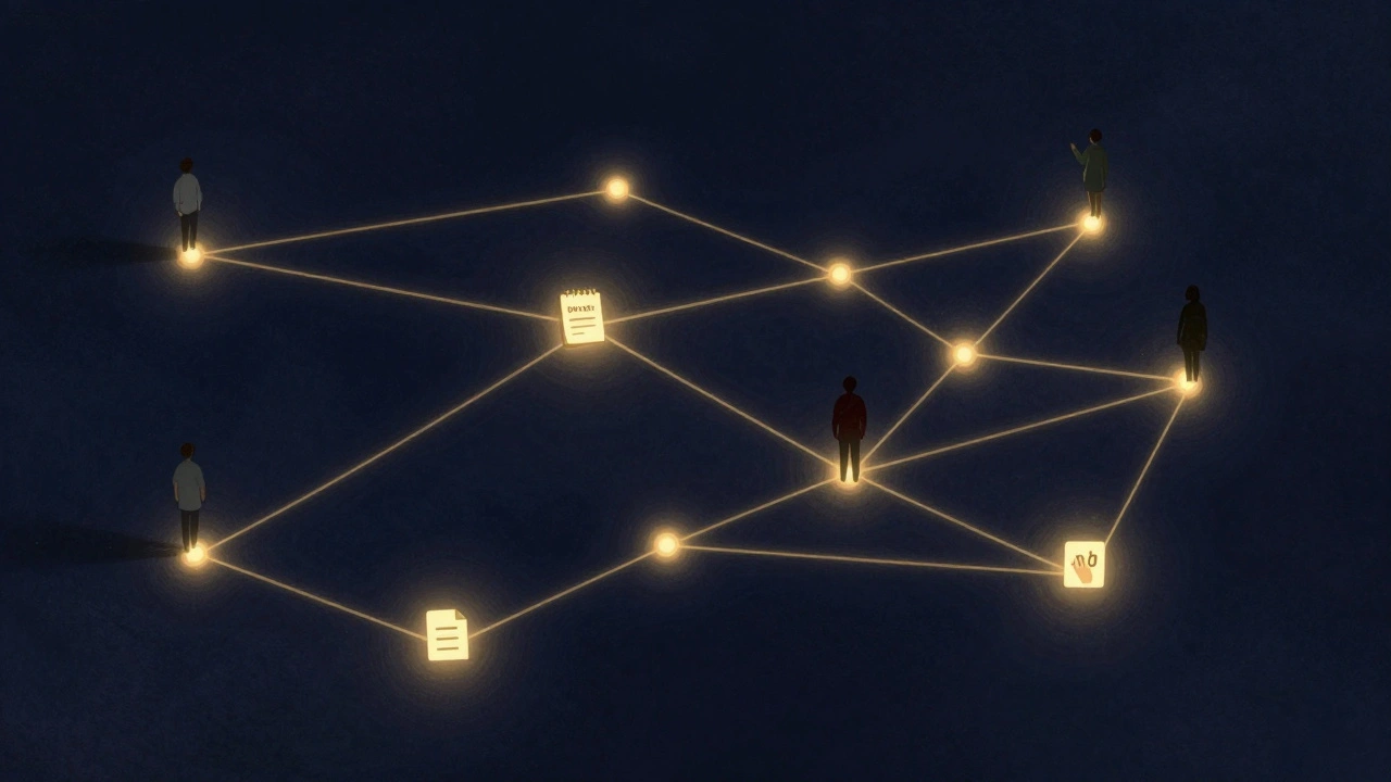 Golden threads of light connect small symbols of personal wins, uniting quiet figures in a hopeful digital space.