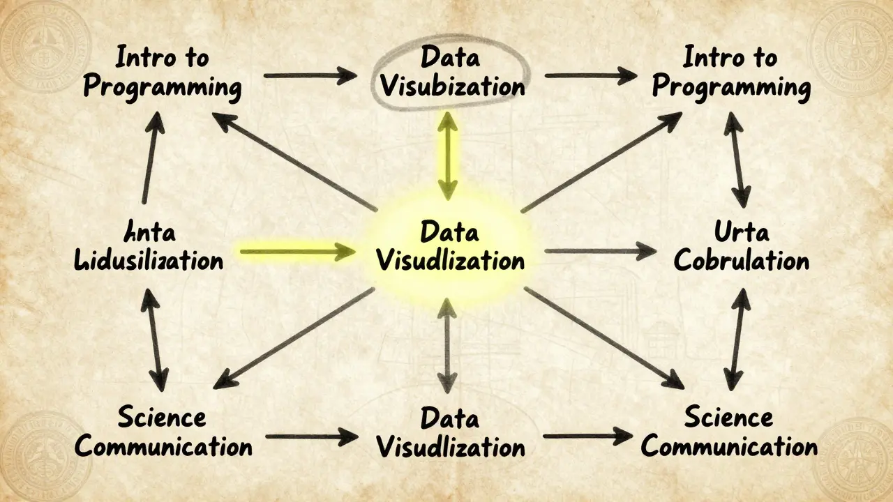 Hand-drawn roadmap of connected courses showing prerequisites and pathways