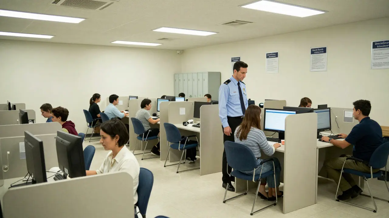 Individuals taking a certification exam in a controlled test center under live proctor supervision.