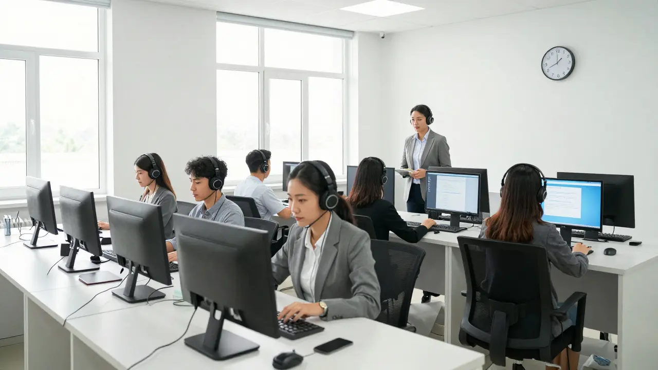 Individuals taking an exam at a clean, quiet test center with proctor observing from nearby.