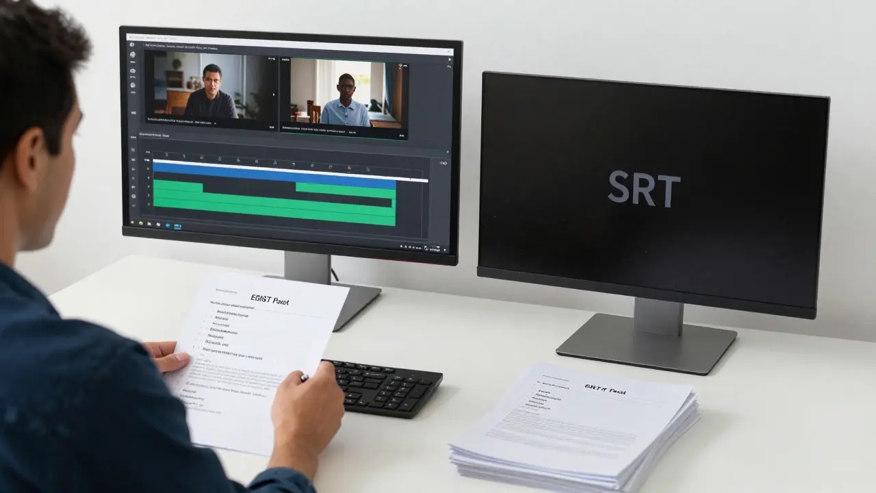 Instructor editing caption files with multiple language options visible