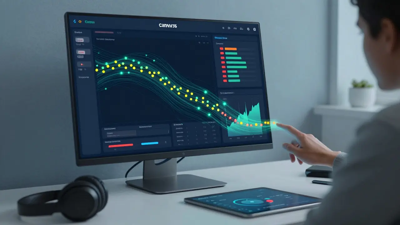 Learning management system dashboard showing student engagement data with glowing analytics.