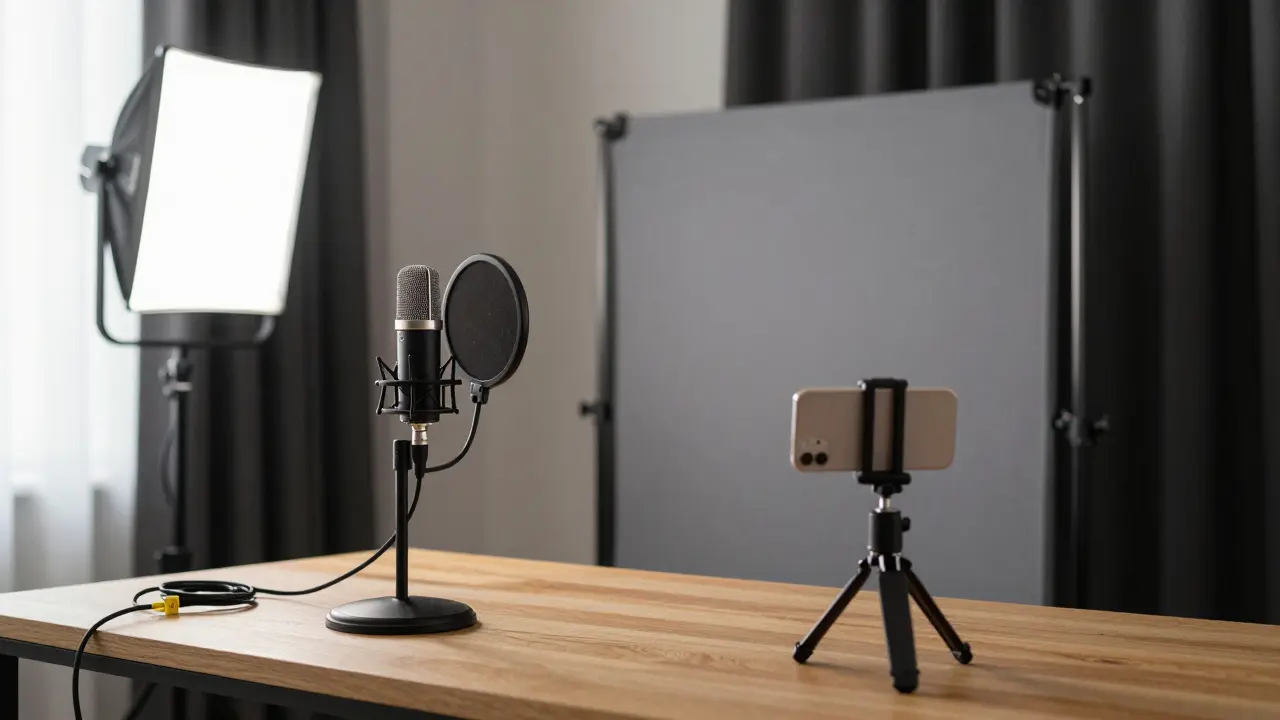 Minimalist home studio setup with microphone, LED light, smartphone on tripod, and fabric backdrop on a clean desk.