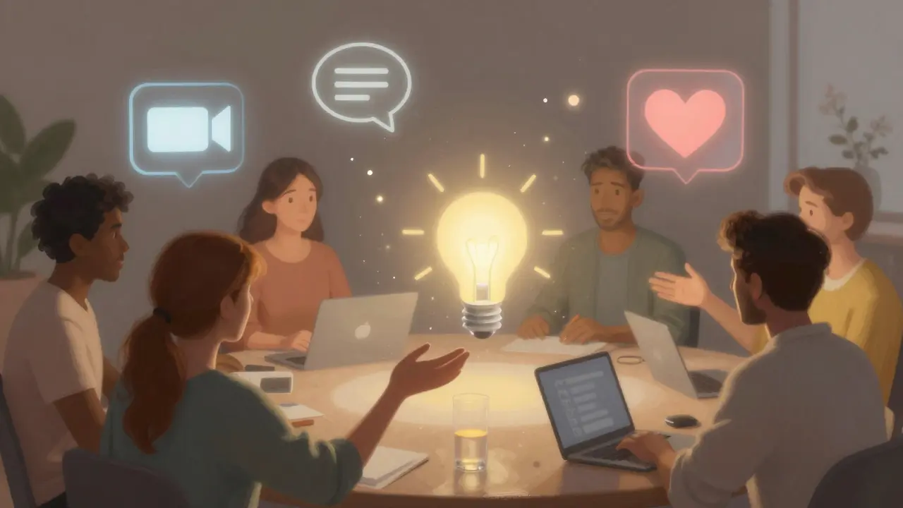 Online educators represented as avatars connecting in a peaceful digital space.