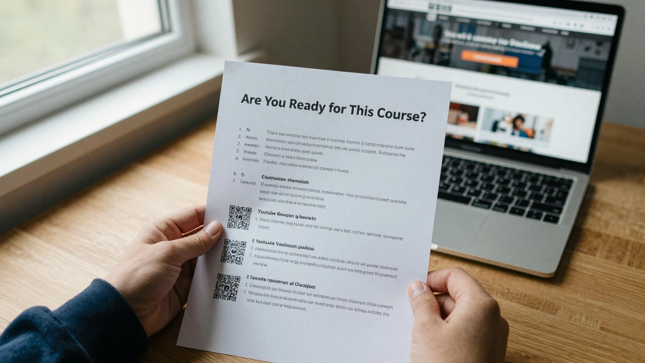Printed checklist with free resource links on a desk beside a laptop.