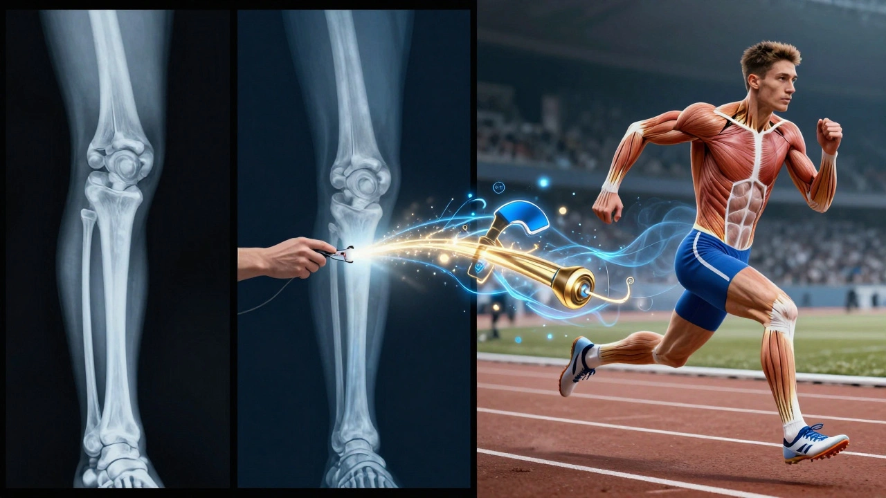 Split-panel illustration showing injury, rehabilitation, and return to sport through anatomical and medical visuals.