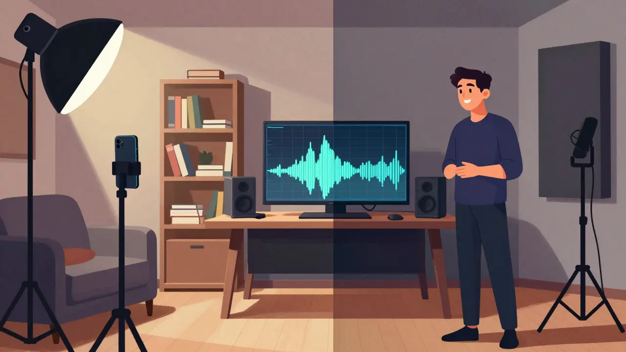 Split-screen comparison: messy recording vs. professional home studio setup for online courses.