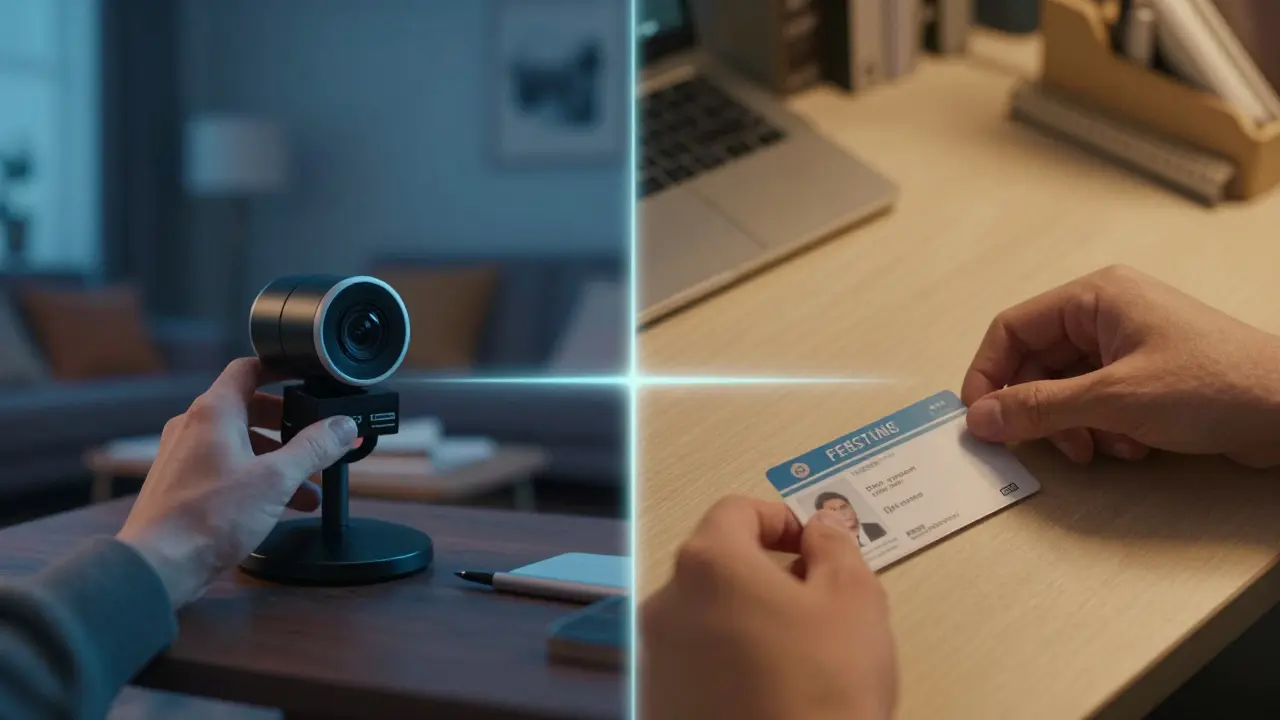 Split-screen comparison of online and in-person exam environments showing tension versus calm.