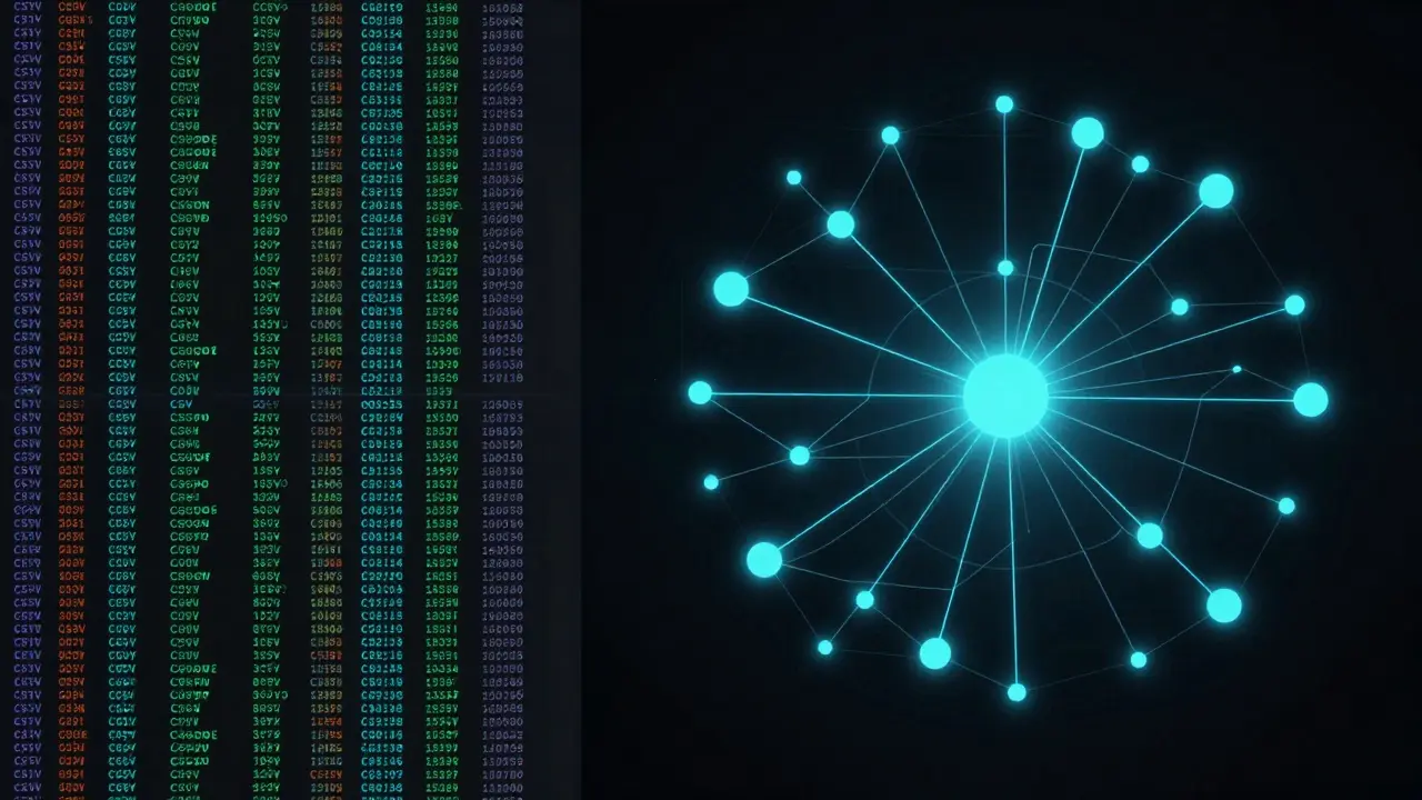 Split-screen showing raw data transforming into a glowing radial dependency graph.