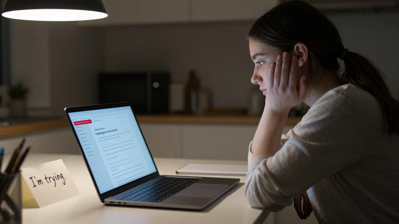 Student at kitchen table seeing a red risk alert on their learning platform screen.