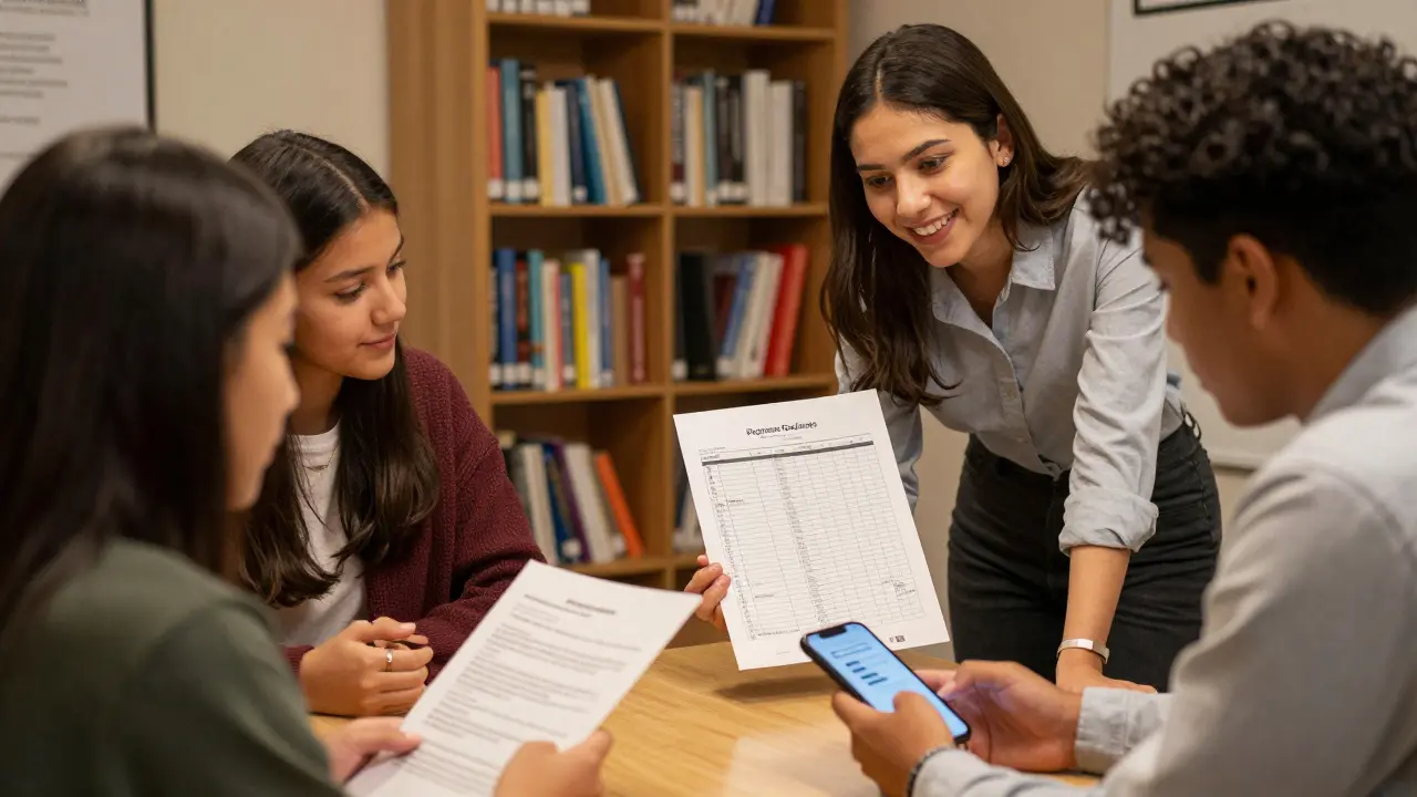 Student meeting with advisor in office, discussing academic progress