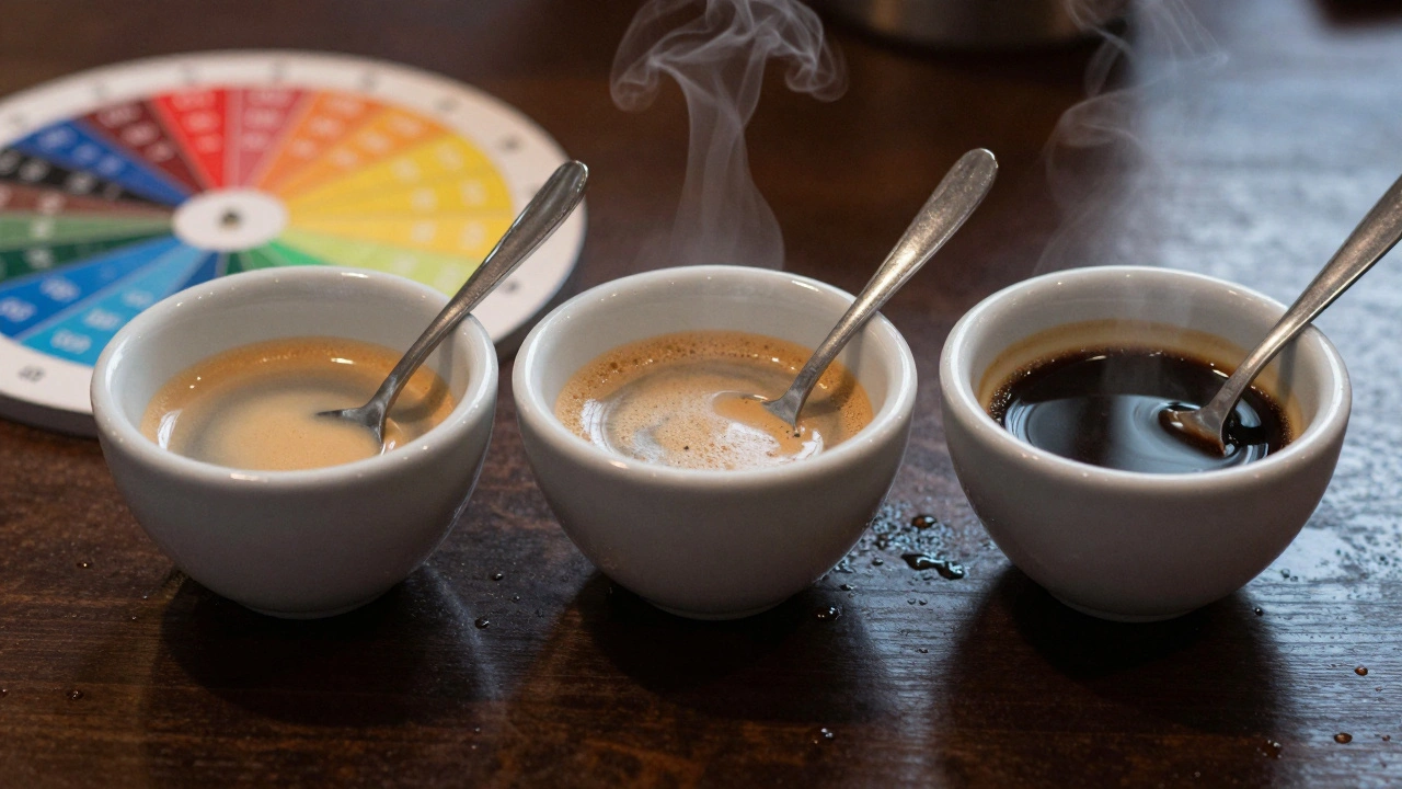 Three coffee cups with different roasts, spoons resting on the surface, steam rising gently.