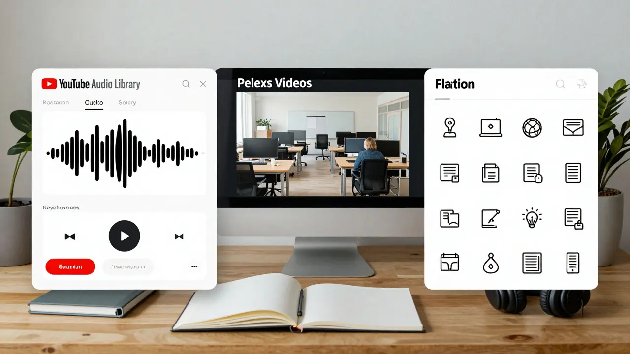 Three free royalty-free asset sources displayed on a desk: YouTube Audio Library, Pexels Videos, and Flaticon icons.