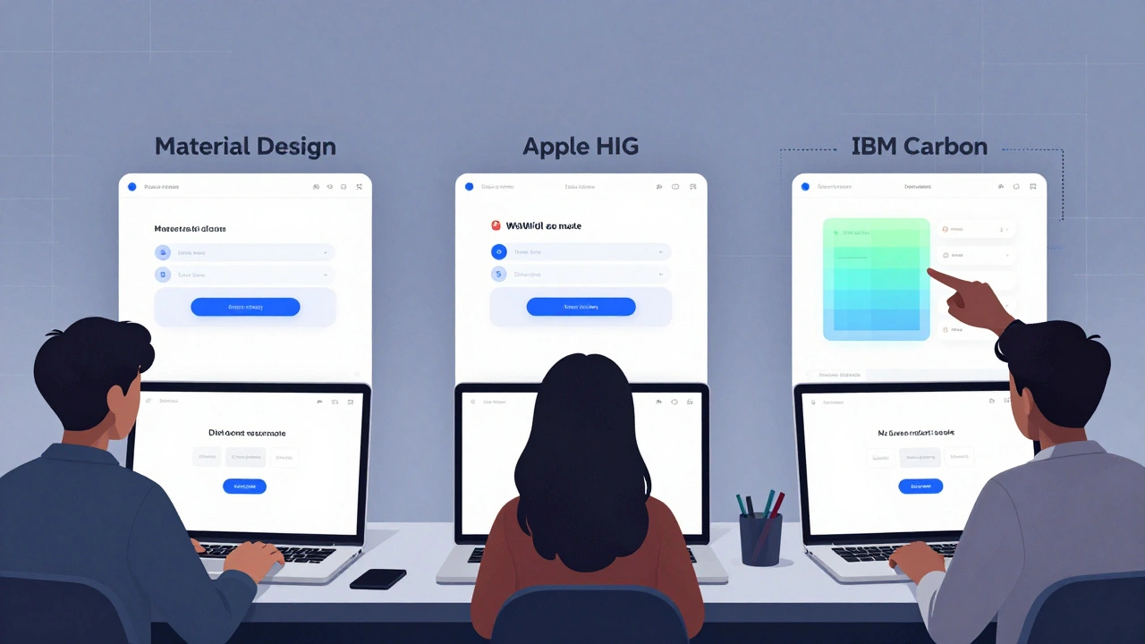 Three students comparing login screen designs from different design systems on laptops.
