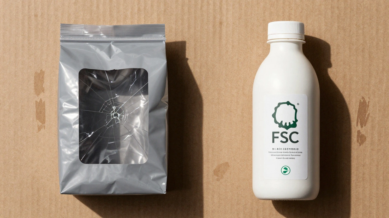 Two packaging prototypes side by side: discarded plastic vs. sustainable paper bottle on recycled cardboard.