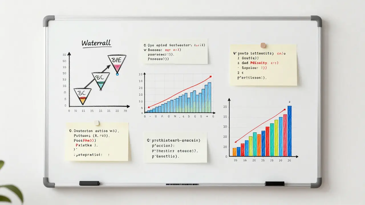 Whiteboard with hand-drawn data visualization sketches and Python code sticky notes.