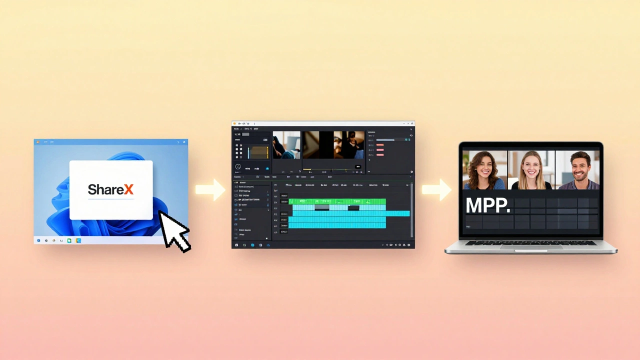Workflow illustration showing ShareX recording, editing in DaVinci Resolve, and final tutorial playback.