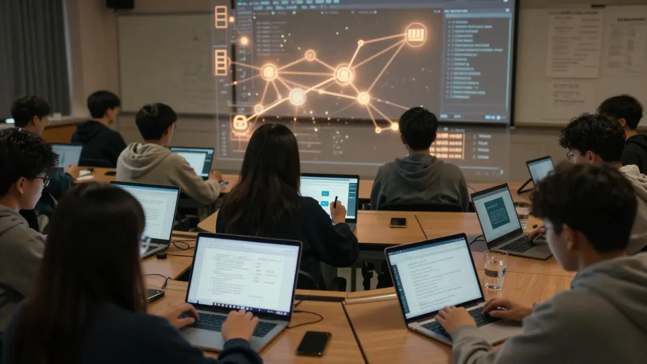 A classroom with students on devices, each seeing unique learning content guided by invisible AI analytics.