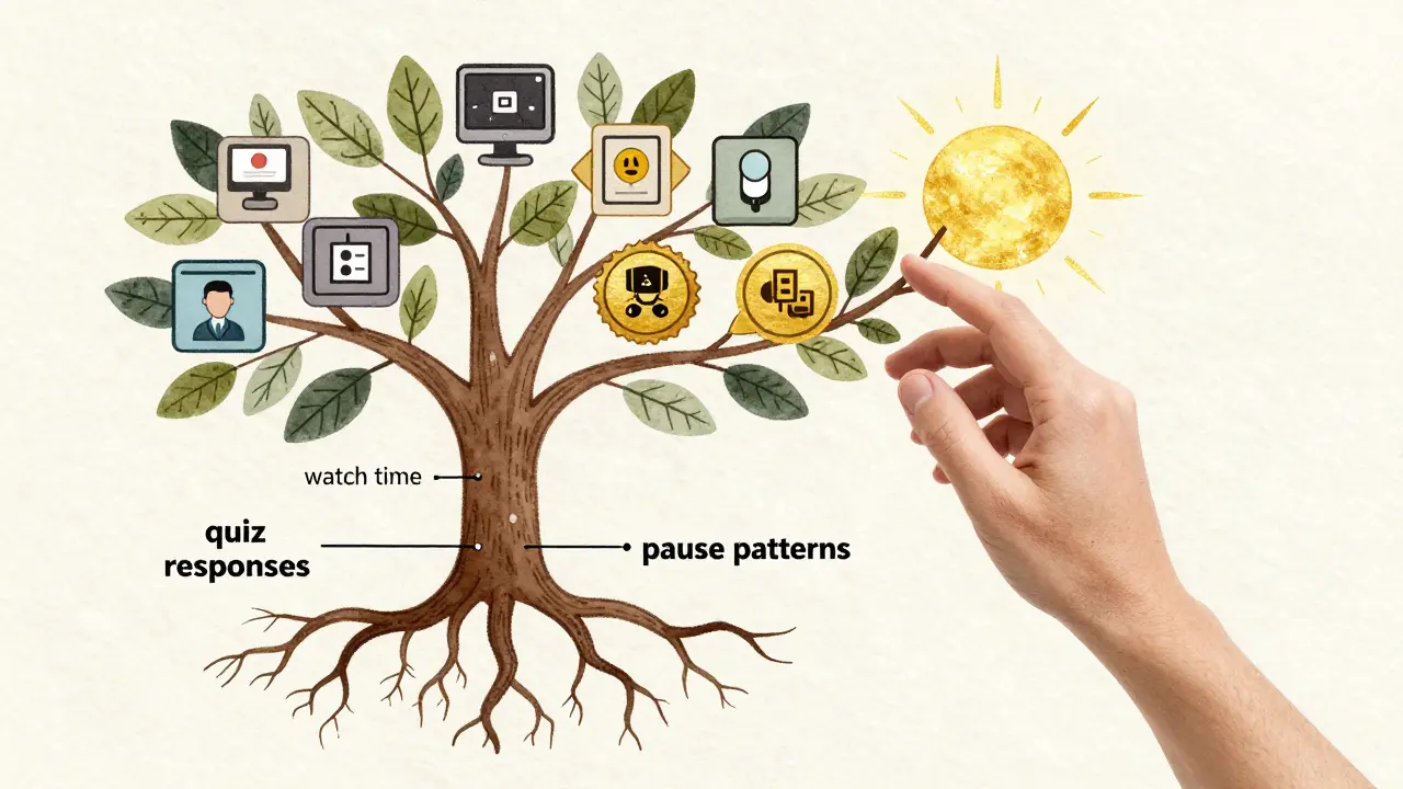 A data-rooted tree with personalized lesson leaves, symbolizing adaptive learning growth.