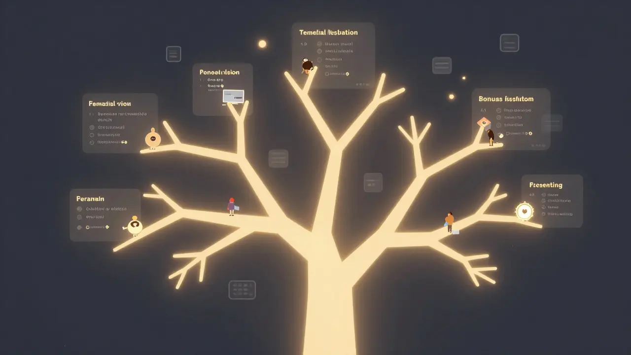 A glowing branching pathway diagram showing personalized learner journeys with conditional content routes.