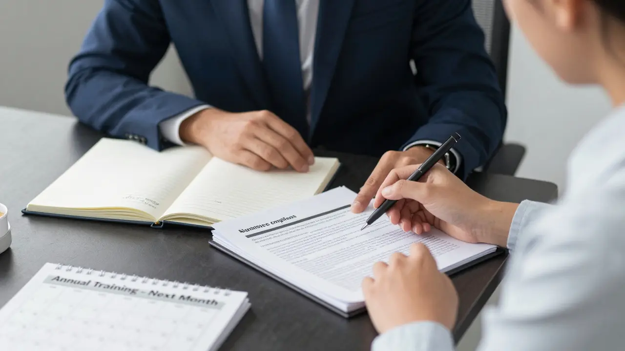 A manager reviewing anonymous complaint cases with HR during a training planning session.