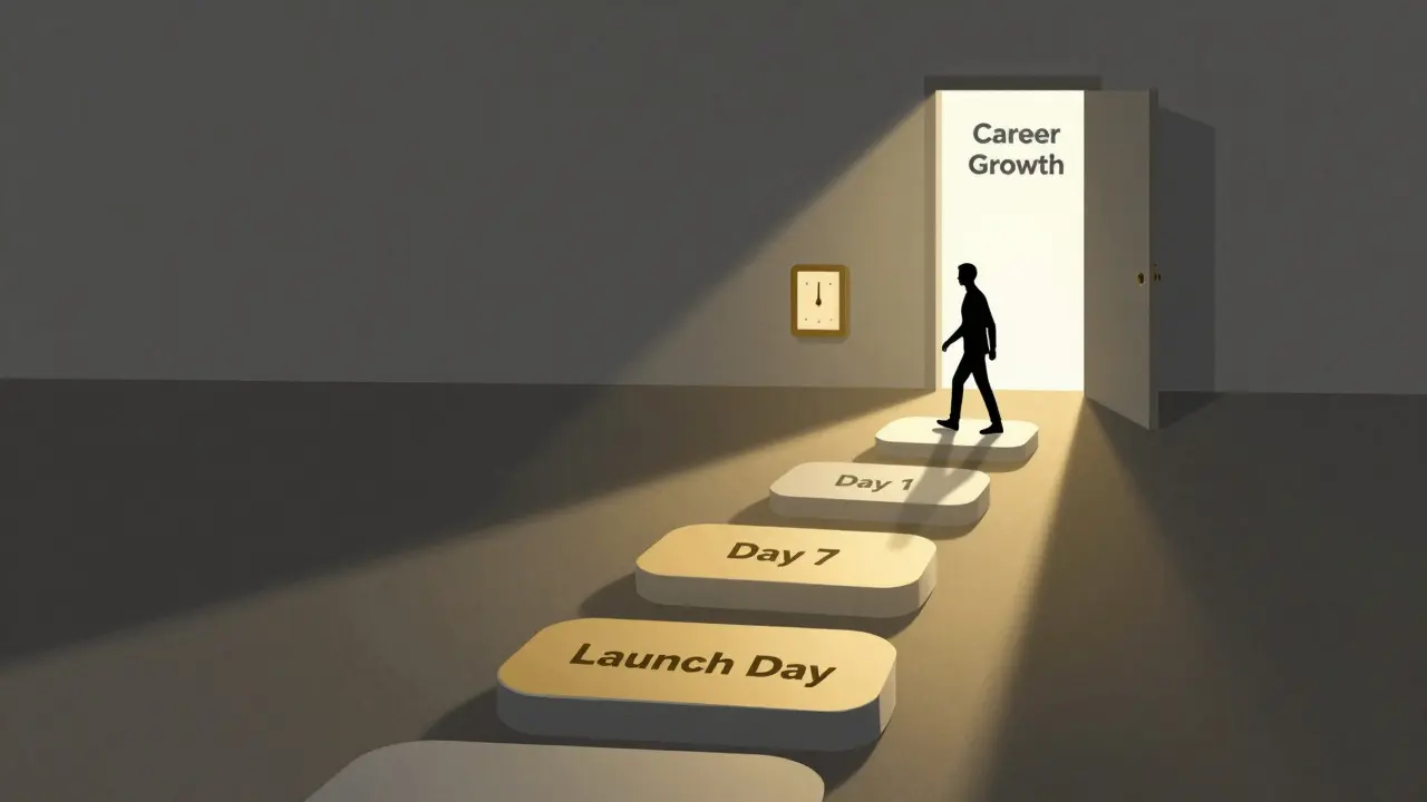 A silhouette walking along stepping stones labeled with days toward a bright doorway marked 'Career Growth'.