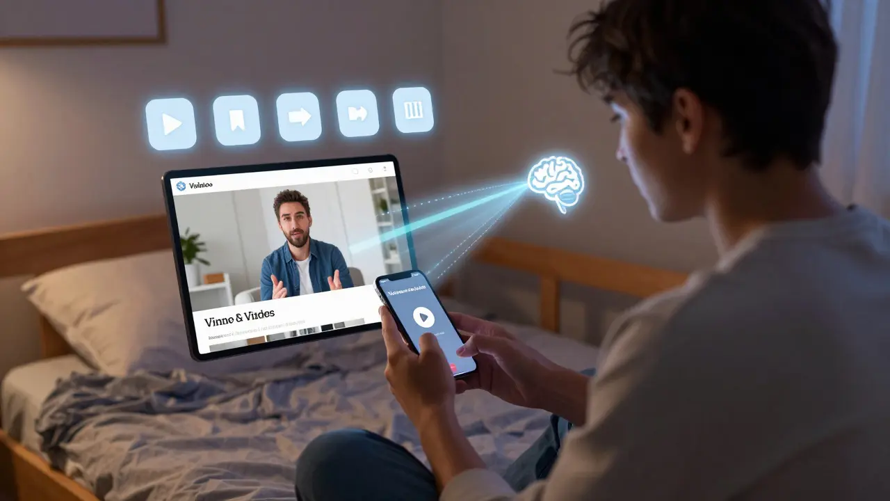 A student watching an embedded LMS video on their phone, with engagement metrics floating above the screen.