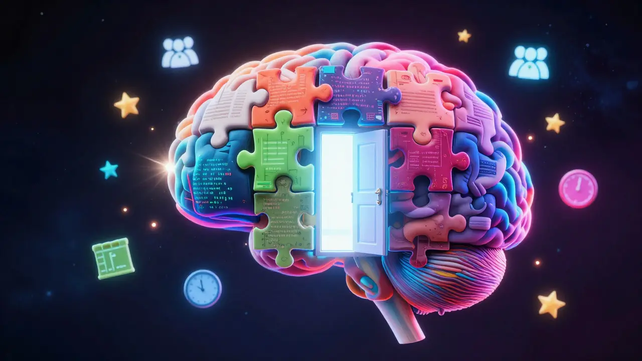 Abstract brain glowing with puzzle pieces snapping together, symbolizing dopamine and learning.