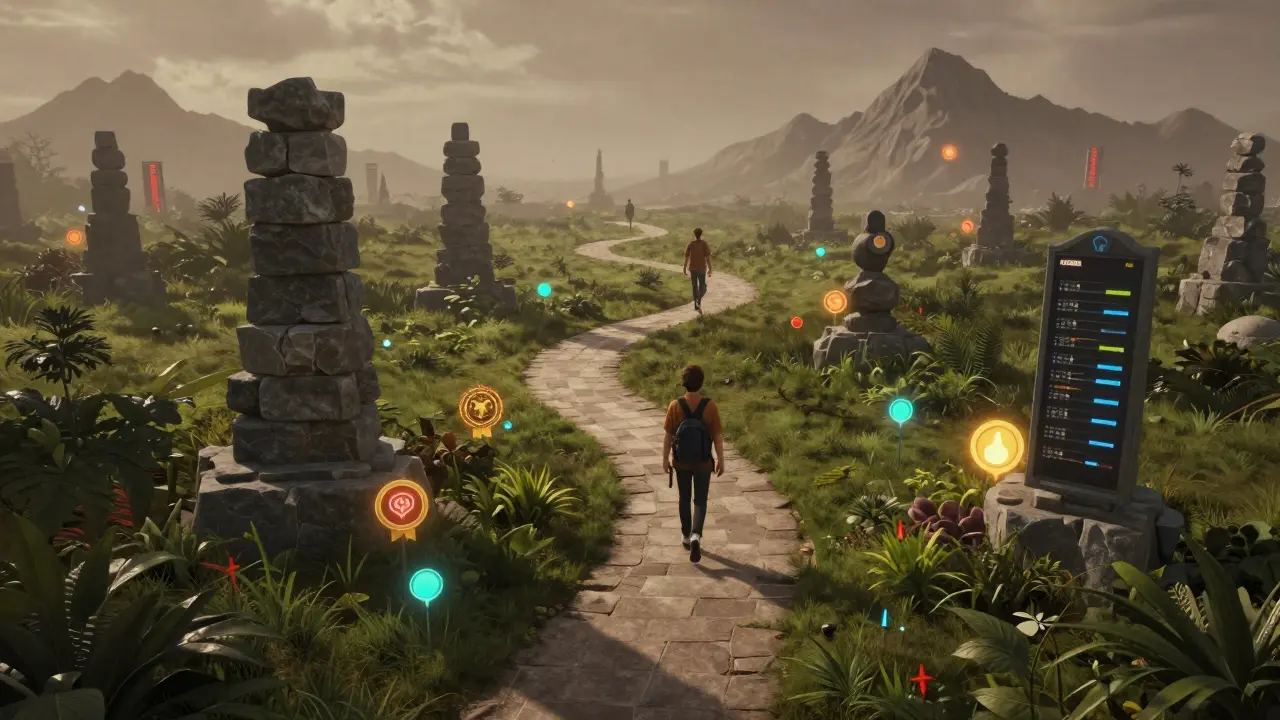 Abstract path of learning with glowing badges and level towers against a misty landscape.