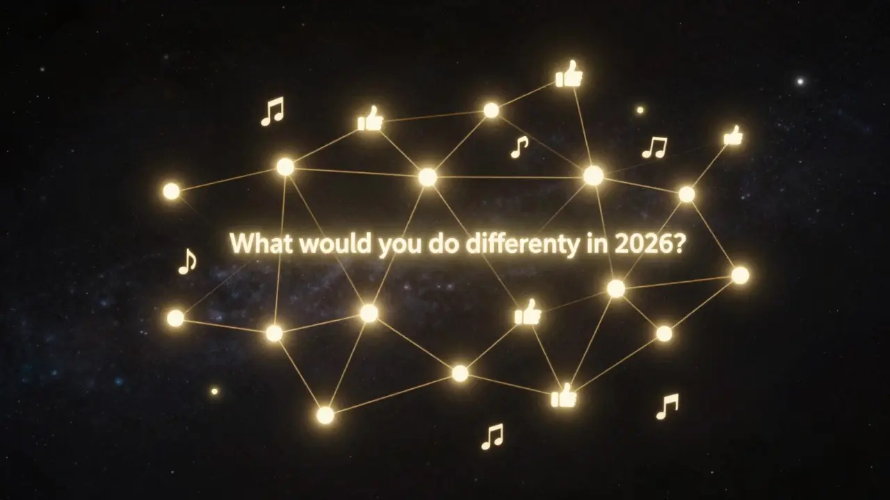 An abstract network of glowing dots connected by threads, representing online student engagement.