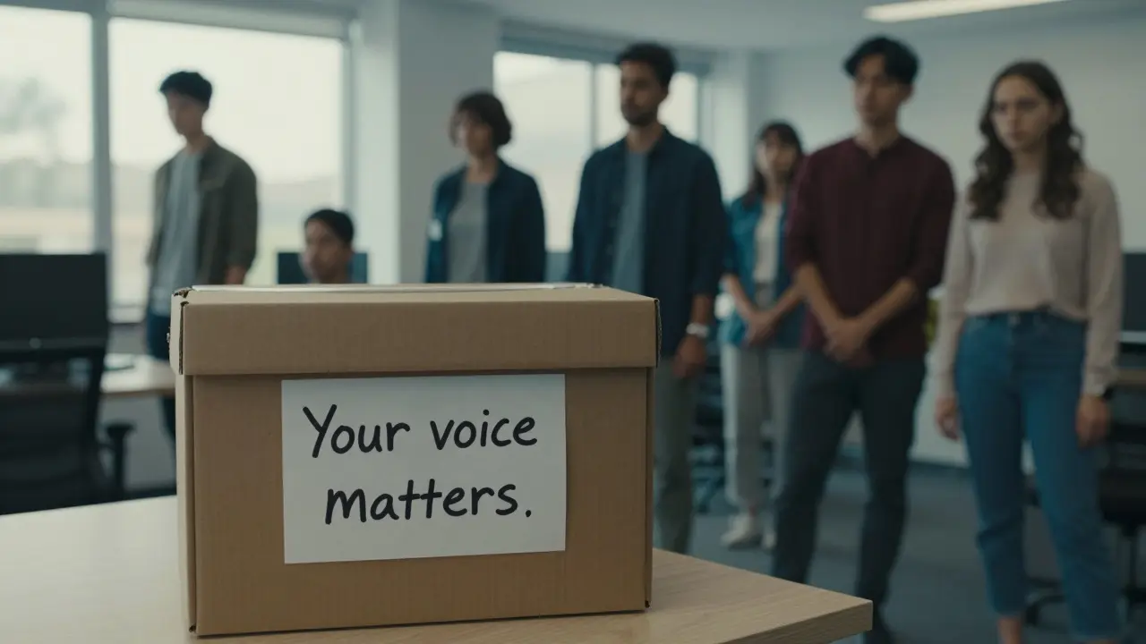 An anonymous reporting box in a break room with a note encouraging employees to speak up.