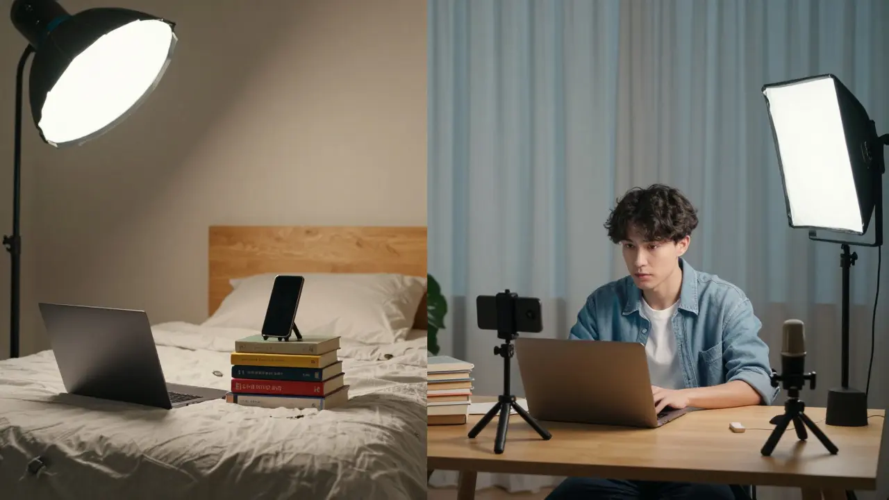 Before and after: chaotic room vs. clean DIY video setup with affordable gear.