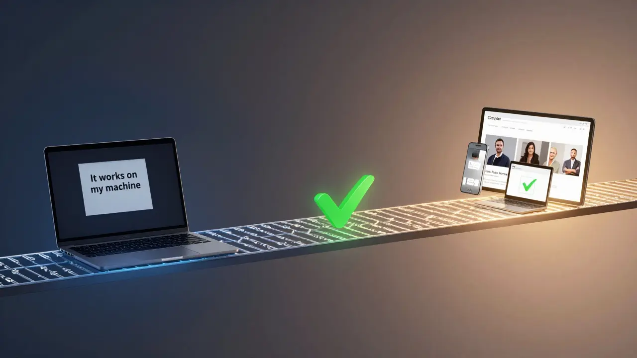 Bridge of code commits connecting a static laptop to a live website used by real people.