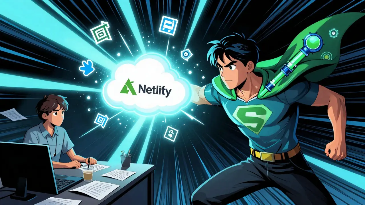 Comic-style student becoming a developer hero, launching a web app with Git and CI/CD icons as a cape.