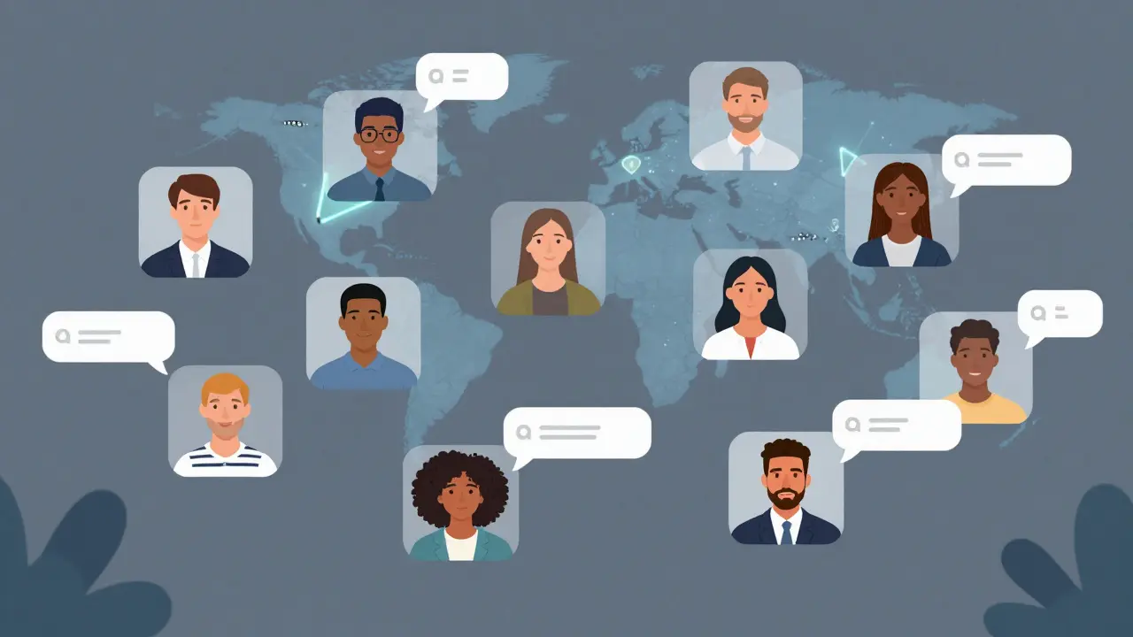 Diverse learners interacting in a virtual classroom with global chat bubbles.