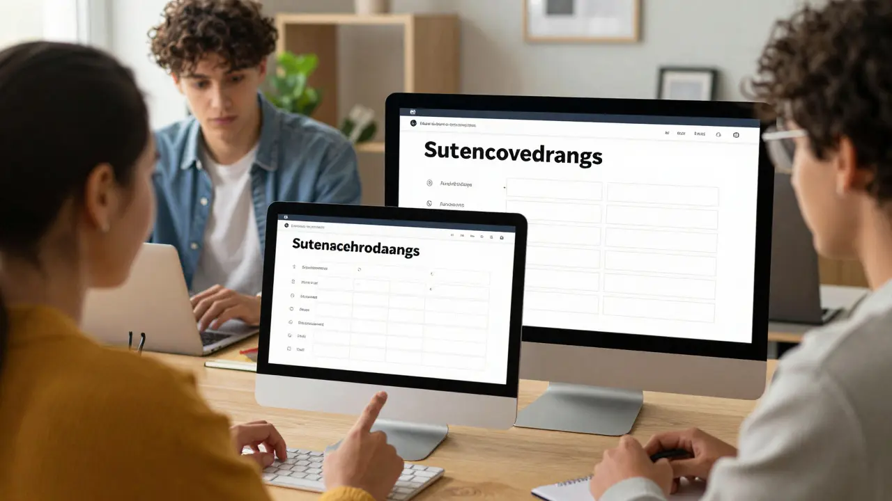 Diverse learners interacting with an accessible course interface featuring large text and captions.