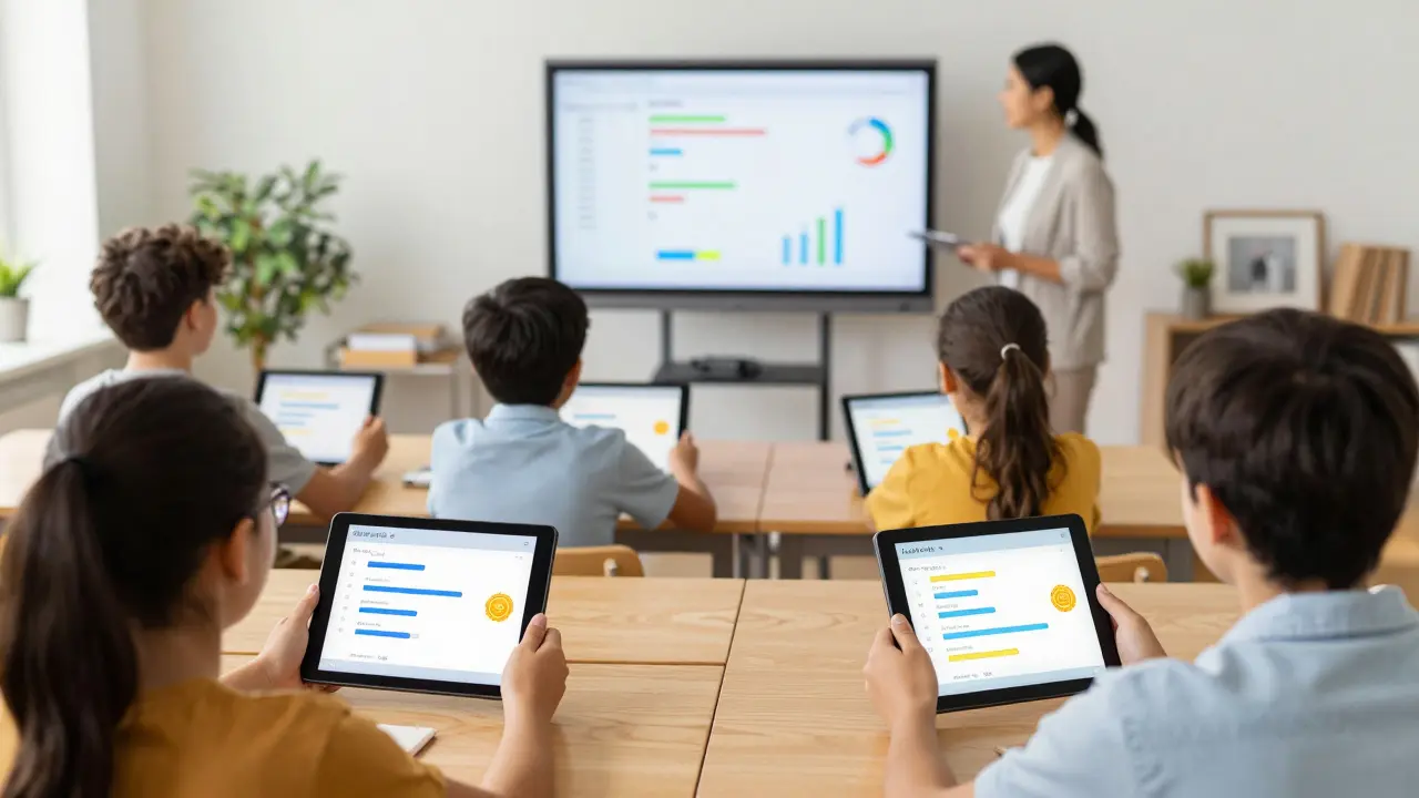 Diverse learners using tablets in a sunlit room, each with personalized course progress displayed on screens.