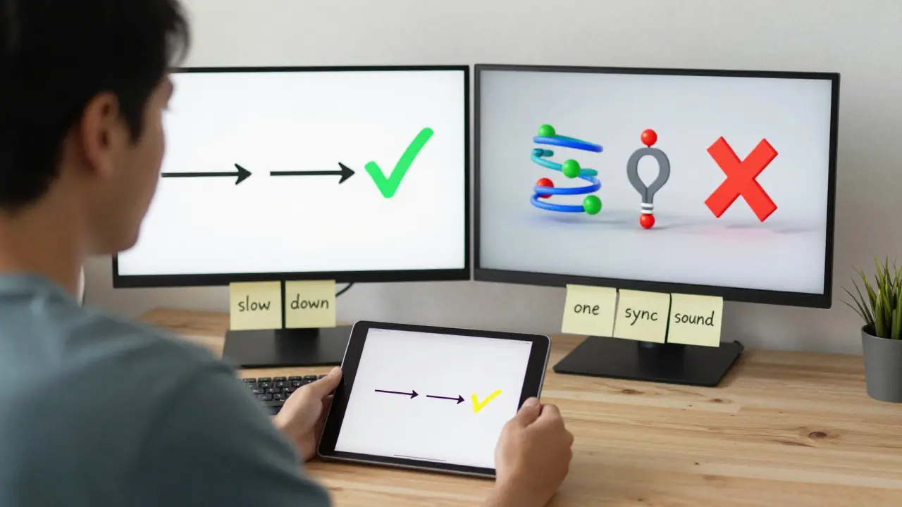 Educator testing course animations on tablet, comparing simple motion arrows vs spinning 3D models.