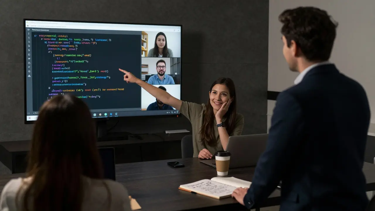 Facilitator observing learners in breakout rooms during a collaborative coding session, quiet and supportive atmosphere.