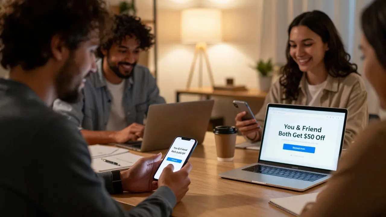 Learners receiving referral discounts on their phones in a cozy home office.