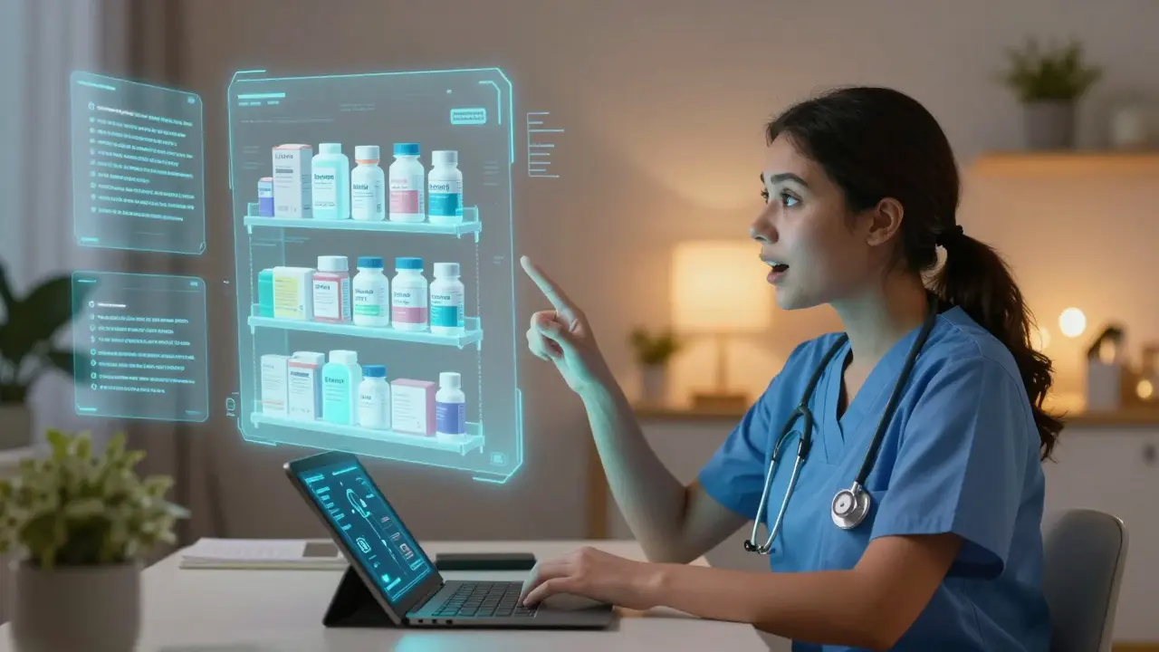 Nursing student examining a holographic pharmacy puzzle with patient symptoms displayed nearby.
