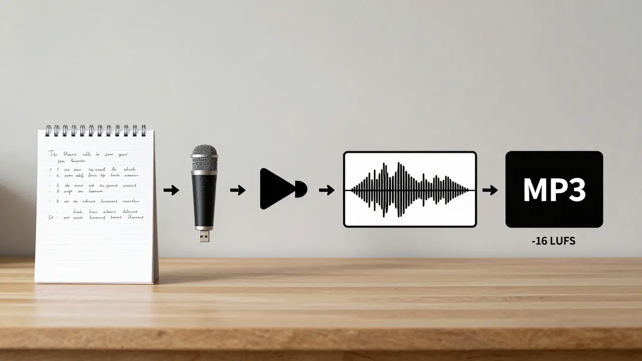 Podcast production workflow from script to final MP3 file