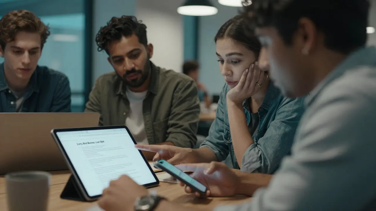 Professionals gathered around a tablet viewing a course syllabus, one pointing at a bonus offer while another types on a phone.