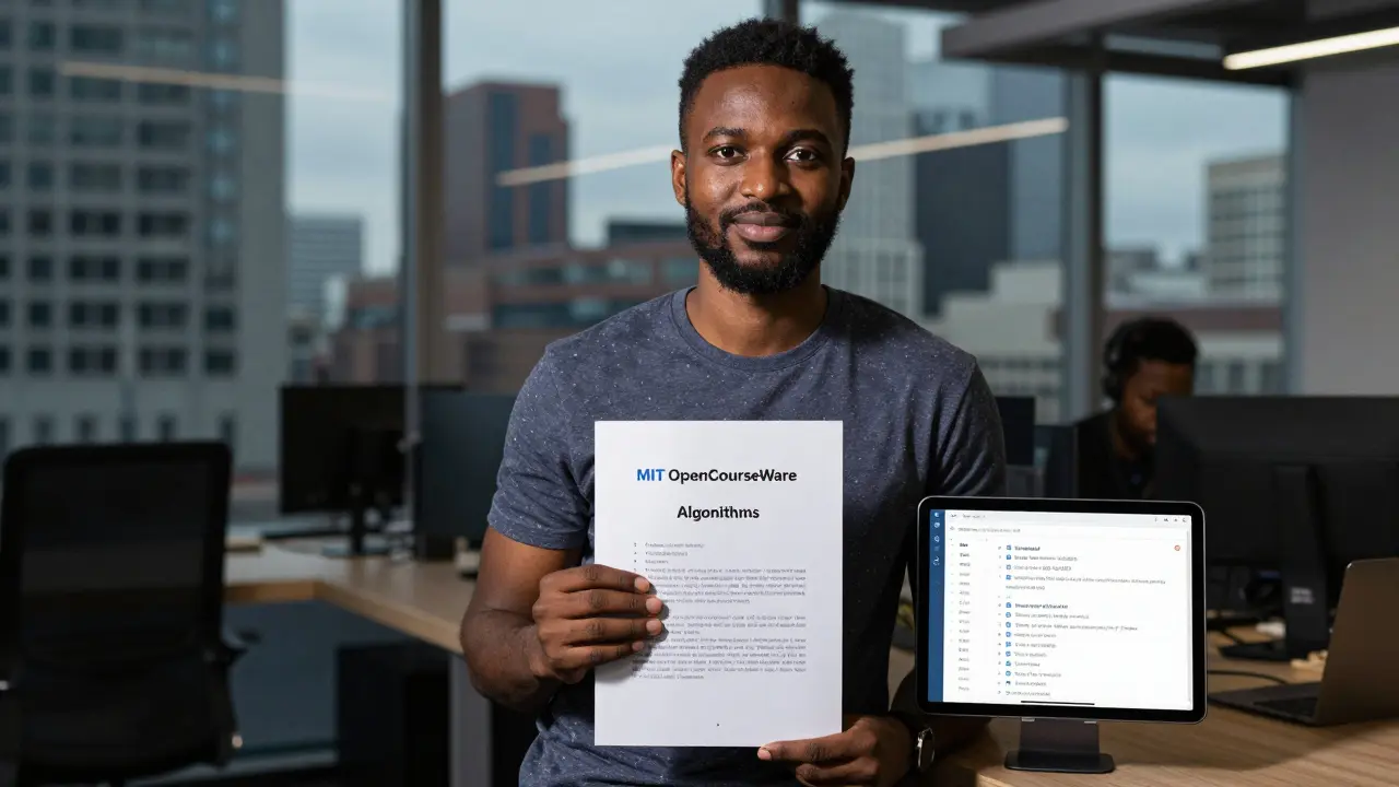 Self-taught programmer holding MIT course notes outside a Berlin tech office.