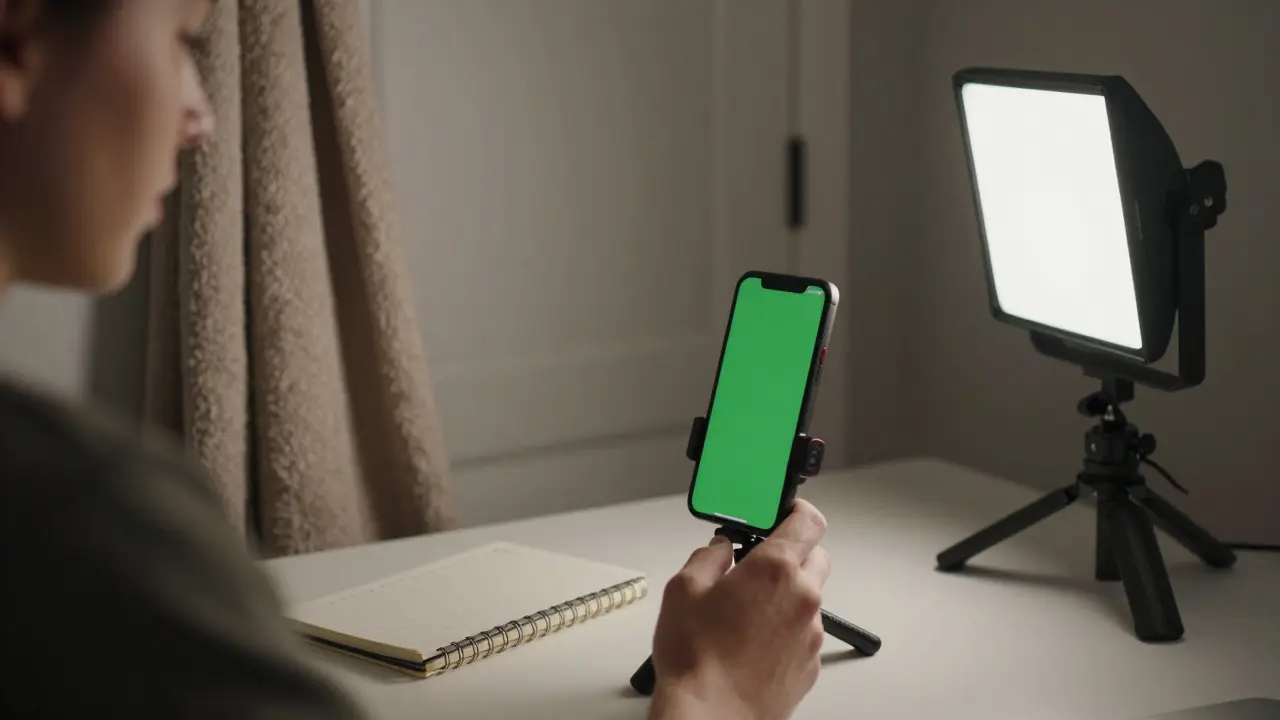 Soft LED light illuminates speaker's face against plain curtain, minimal desk setup.