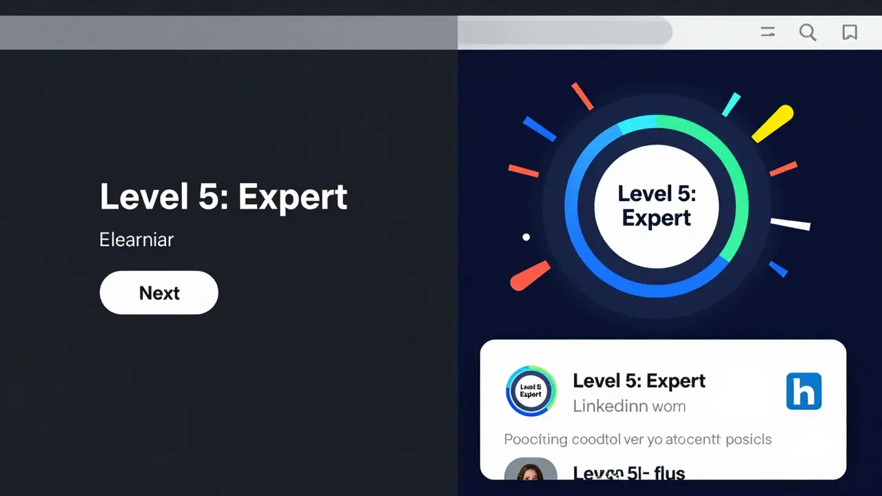 Split-screen: boring e-learning vs. vibrant gamified course with LinkedIn badge sharing.