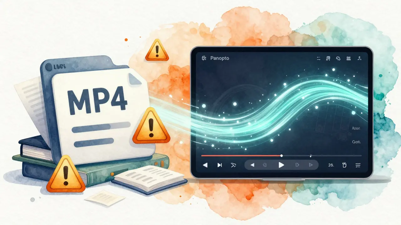 Split-screen comparison: messy video upload vs. clean embedded video with analytics, symbolizing better learning design.