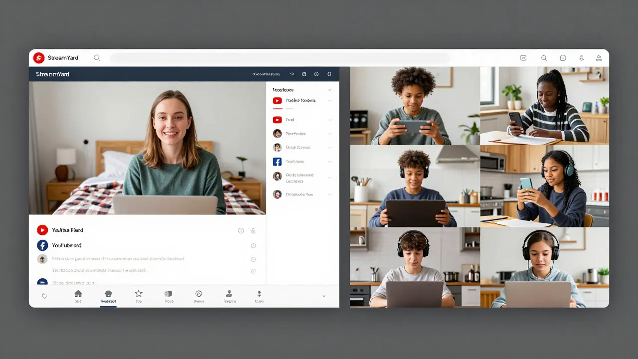 Split-screen of educator streaming to multiple platforms while students watch from different home settings.